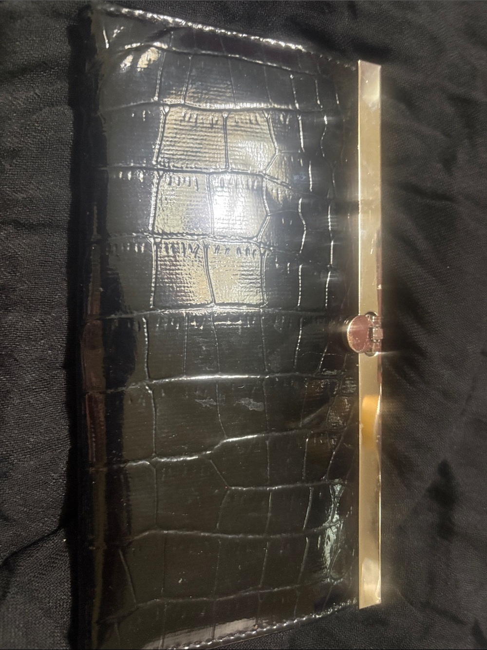 Black Croc-Embossed Patent Clutch with Gold Trim